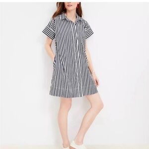 LOFT Women’s Petite Navy and White Striped Shirt Dress